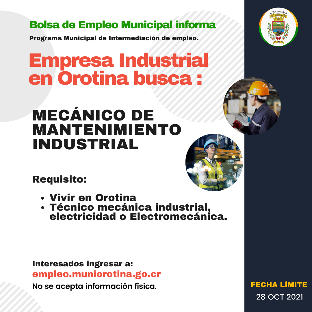 EMPRESA INDUSTRIAL BUSCA MECÁNICO DE MANTENIMIENTO INDUSTRIAL